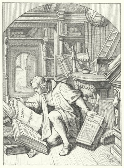 Luther Márton latin nyelvű Bibliát talál az Erfurti Egyetem könyvtárában (metszet) alkotó: Gustav Ferdinand Leopold Konig