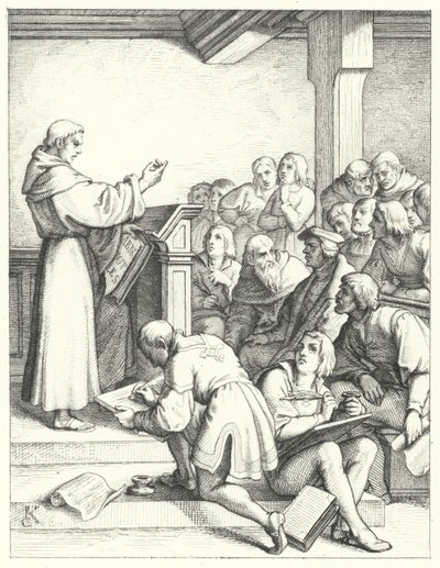 Luther Márton filozófia és teológia előadása a főiskolai diplomához (metszet) alkotó: Gustav Ferdinand Leopold Konig