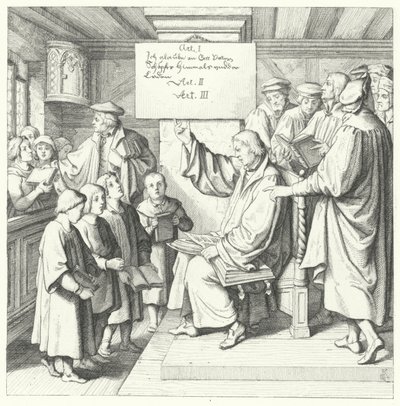 Luther Márton bemutatja a Katekizmust az iskolásoknak (metszet) alkotó: Gustav Ferdinand Leopold Konig