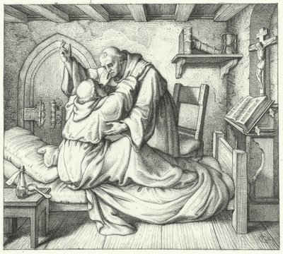 Luther Mártont egy szerzetestársa vigasztalja a kolostorban eltöltött lelki gyötrelme alatt (metszet) alkotó: Gustav Ferdinand Leopold Konig