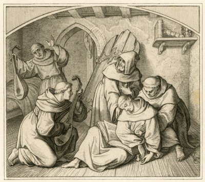 Luther Márton eszméletlen állapotban van kolostori cellájában, más szerzetesekkel együtt, akik lantot játszanak alkotó: Gustav Ferdinand Leopold Konig