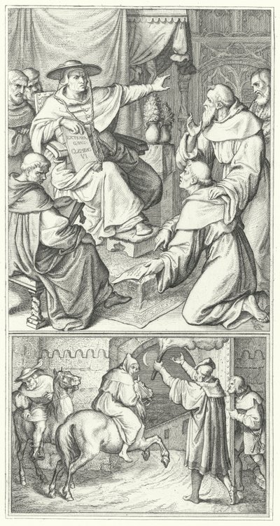 Luther Márton elhagyja a pápa wittenbergi legátusát, Thomas Cajetant (fent). Luther Márton elhagyja Augsburg városát (alul) (metszet) alkotó: Gustav Ferdinand Leopold Konig