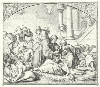 Luther Márton vigasztalja a pestisben szenvedőket (metszet) alkotó: Gustav Ferdinand Leopold Konig