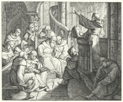 Luther Márton prédikál Johann von Staupitznak és a többi szerzetesnek a kolostorban (metszet) alkotó: Gustav Ferdinand Leopold Konig