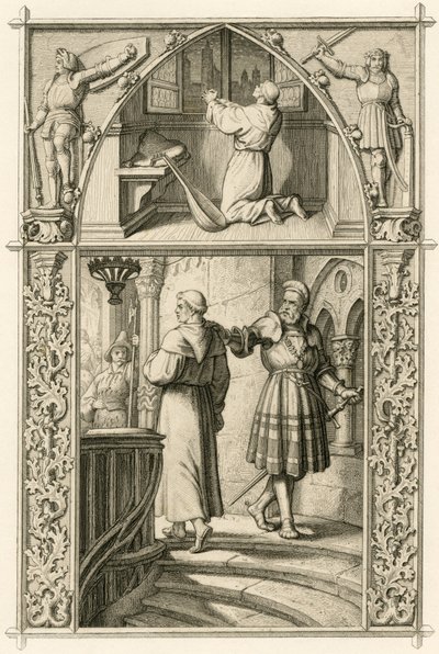 Luther Márton imával készül a császárral való találkozásra (fenti kép); főkép : Luther találkozik George (Georg) von Frundsberg lovaggal (Jorg von Fronsberg, Freundsbergin alkotó: Gustav Ferdinand Leopold Konig