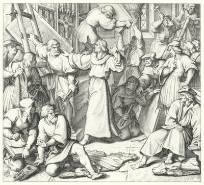Luther Márton visszatartja a wittenbergi ikonoklasztokat (metszet) alkotó: Gustav Ferdinand Leopold Konig