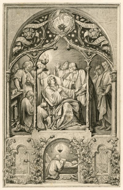 Luther Márton halála, Luther két fia, apja előtt térdel, Dr. Justus Jonas mondja az utolsó szavakat, mögöttük Michael Coelius imádkozik, Johannes Aurifaber egy kandeláberrel, Simon Wild orvos gyógyszerrel, jobbra a gróf Albr. alkotó: Gustav Ferdinand Leopold Konig