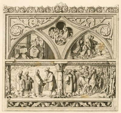 Luther Márton útja Mansfeld grófhoz (Mansfeld-Vorderort VI. Hoyer (1477-1540) ; kép balra fent: a szomorú Katharina , középen : a dühöngő Saale folyó , jobbra : Luther fiaival együtt Kép lefelé : Luther és gróf alkotó: Gustav Ferdinand Leopold Konig