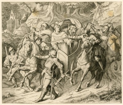 Hauptmann von Berlepsch és Burkhard Hund Luther Márton elrablása hazatérő útján - 1521-ben, mert ott volt a pápa kiközösítési bullája és a császár törvényen kívüli tiltása. alkotó: Gustav Ferdinand Leopold Konig