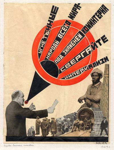 Kollázs, amelyet Gustav Klutsis 1924-ben készített Lenint dicsérő könyvéhez – Szovjet politikai agitációs művészet: Az egész világ elnyomott népei, Klutsis Gustav (1895-1938) alkotó: Gustav Klutsis