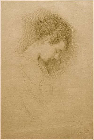 Félhosszú portré egy lányról, lehajtott fejjel jobbra fordítva alkotó: Gustav Klimt