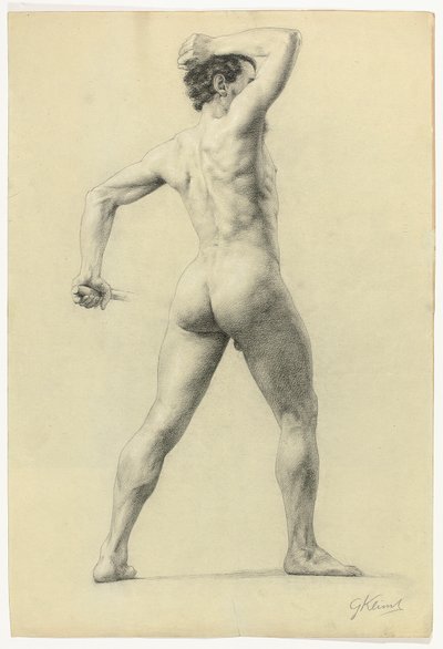 Férfiakt hátulról, 1880 körül (ceruzával, fehér krétával emelt, papír) alkotó: Gustav Klimt