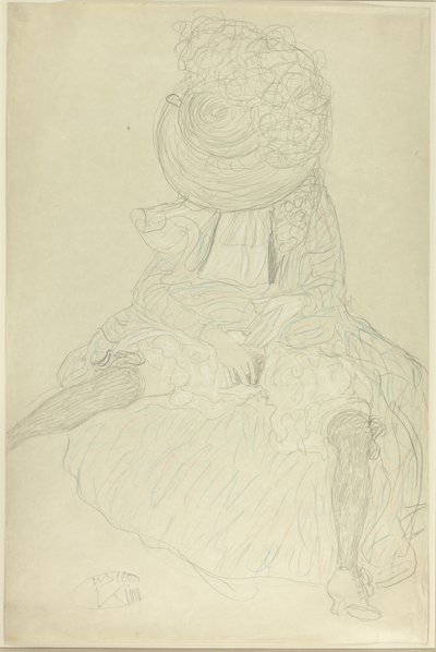 Ülő nő elölről kalappal, kapucnis arccal alkotó: Gustav Klimt