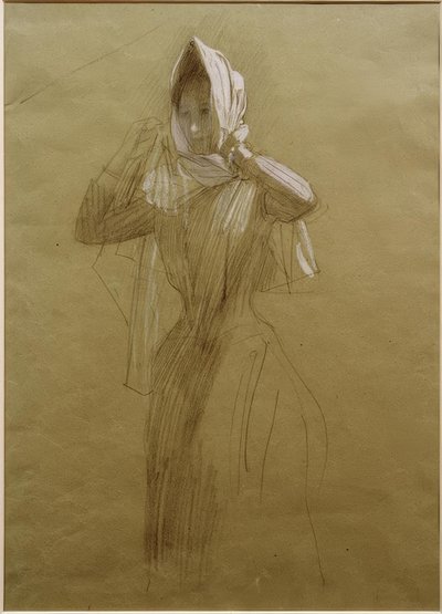 Álló fiatal nő, fejkendőt csomagolva alkotó: Gustav Klimt