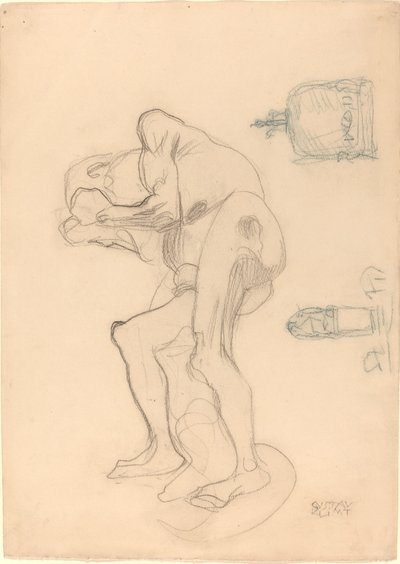 Tanulmány egy meztelen idős nőről, aki ökölbe szorítja a kezét, és két dekorációs tárgyat alkotó: Gustav Klimt