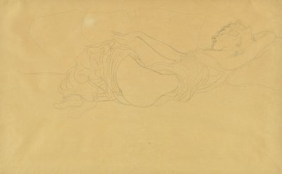 Háton fekvő, részben felöltözött nő alkotó: Gustav Klimt