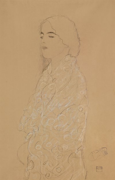 Nő fehér kendővel (ceruza fehér és piros színű krétával papíron) alkotó: Gustav Klimt