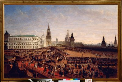 Katonai felvonulás II. Sándor császár (1818-1881) koronázása idején a moszkvai Kremlben, 1855. február 18. Gustav Schwarz festménye (kb. 1800-1855 után), olaj, vászon alkotó: Gustav Schwarz