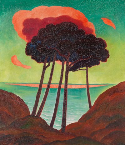 Vörös felhős fenyőfák, c. 1909. alkotó: Gustav Wunderwald