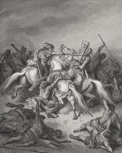 Abisai megmenti Dávid életét, Sámuel 2:17, illusztráció Dore "A Szent Biblia" című művéből, Hurel metszete. alkotó: Gustave (after) Dore