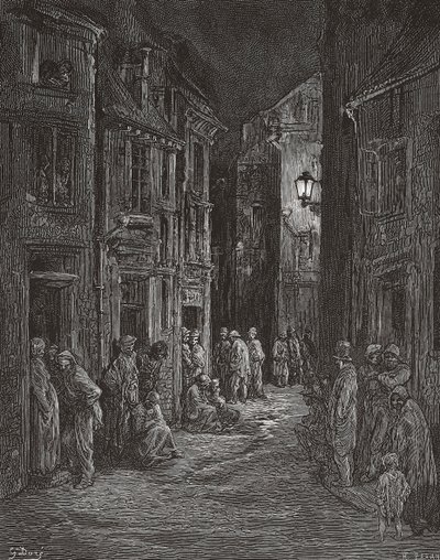 Bluegate Fields nyomornegyedek, London a 19. században. (nyomtatás) alkotó: Gustave (after) Dore