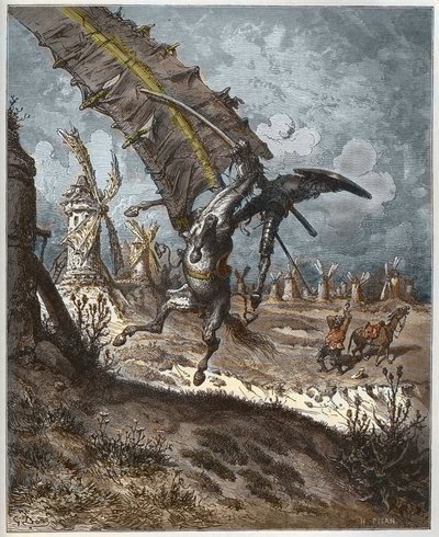 Don Quijote és a szélmalmok Miguel Cervantes (1547-1616) „Don Quijote de la Mancha”-ból (Don Quijote) – gravírozta Heliodore Joseph Pisan (1822-90) Gustave Dore rajza alapján alkotó: Gustave (after) Dore