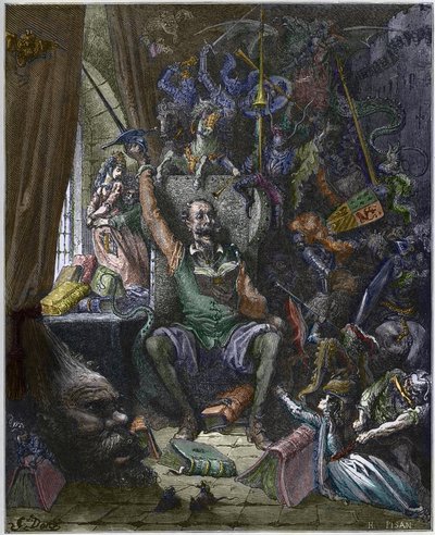 Don Quijote dolgozószobájában álmai fantomjaival körülvéve - Don Quijote de la Mancha, Miguel Cervantes (1547-1616) (Don Quijote), gravírozása Heliodore Joseph Pisan (1822-90) Gustave Dore rajza alapján alkotó: Gustave (after) Dore