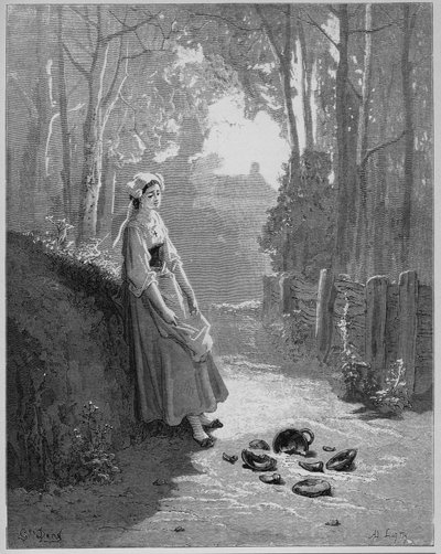La laitiere et le jug a lait - A tejeslány és vödrje - Jean de La Fontaine (Lafontaine) "Fables"-jából (1621-95) - gravírozás Gustave Dore (1832-83) nyomán - Magángyűjtemény alkotó: Gustave (after) Dore