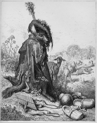 Le loup devenu berger - A pásztort játszó farkas - Jean de La Fontaine (Lafontaine) (1621-95) meséiből - Gustave Dore (1832-83) utáni metszet - Magángyűjtemény alkotó: Gustave (after) Dore