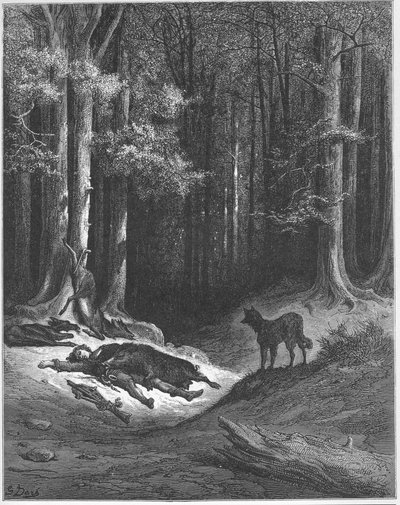Le loup et le chasseur - A farkas és a vadász - Jean de La Fontaine (Lafontaine) "Fables"-jából (1621-95) - gravírozás Gustave Dore (1832-83) nyomán - Magángyűjtemény alkotó: Gustave (after) Dore