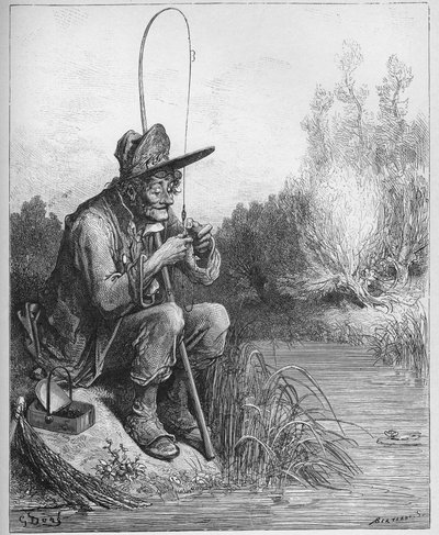 A halász és a kis hal - A halász és a hal - Jean de La Fontaine (Lafontaine) „Fables”-jából (1621-95) - gravírozás Gustave Dore (1832-83) nyomán - Magángyűjtemény alkotó: Gustave (after) Dore