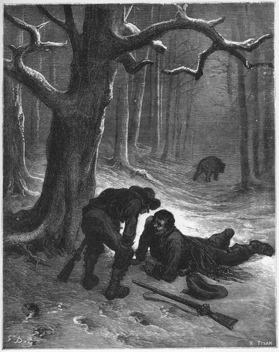 A medve és a két kísérő - A medve és az utazók - Jean de La Fontaine (Lafontaine) „Fables”-jából (1621-95) - gravírozás Gustave Dore (1832-83) nyomán - Magángyűjtemény alkotó: Gustave (after) Dore