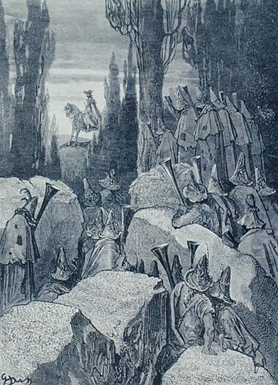 Munchausen a brigandok között, Rudolph Erich Raspe "Münchausen báró kalandjai" című művéből, Stephane Pannemaker (1847-1930) metszete c. 1868 (metszet) alkotó: Gustave (after) Dore