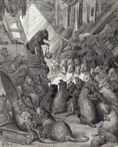 A Patkányok Tanácsa, La Fontaine meséiből, Antoine Valerie Bertrand (sz. 1823) 1868 körül (metszet) alkotó: Gustave (after) Dore