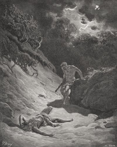Ábel halála, 1Mózes 4:6-13, illusztráció Dore "A Szent Biblia" című művéből, Pisan metszete. alkotó: Gustave (after) Dore