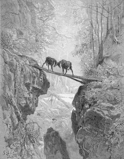 A két kecske, La Fontaine meséiből, A. Ligny metszete, 1868 körül (metszet) alkotó: Gustave (after) Dore