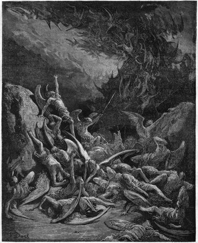 Az elveszett paradicsom: a bukott angyalok. Gustave Dore rajzából, amely John Milton (1608-1674) angol költő „Elveszett paradicsomát” illusztrálja. Metszet 1867-ből. Magángyűjtemény alkotó: Gustave (after) Dore