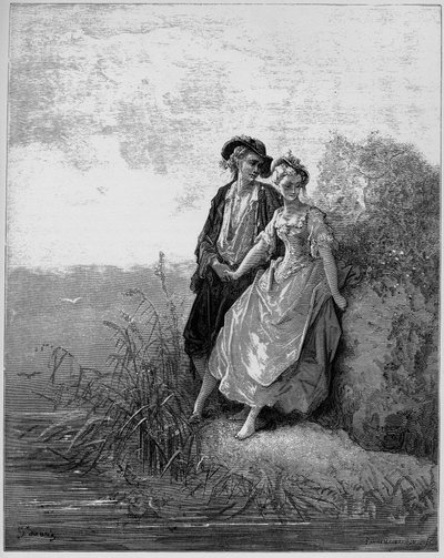 Tircis et Amarante - Tircis és Amaranth - (A pásztor és pásztorlány) - Jean de La Fontaine (Lafontaine) "Fabuláiból" (1621-95) - metszet Gustave Dore (1832-83) után - Magángyűjtemény alkotó: Gustave (after) Dore