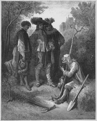 az öreg és a három fiatal - az öreg és a három fiatalember - Jean de La Fontaine (Lafontaine) „Fables”-jából (1621-95) - Gustave Dore (1832-83) metszet - Magángyűjtemény alkotó: Gustave (after) Dore