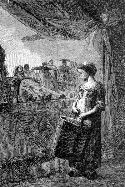 Cosette a játékbolt előtt - Victor Hugo „Les Miserables” című művében, ill. írta: Brion, szerk. Hetzel és Lacroix alkotó: Gustave Brion