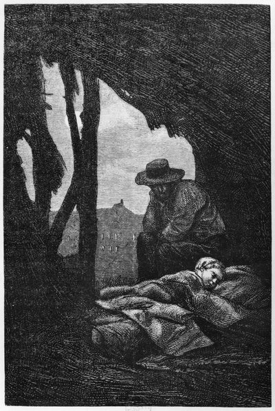 Jean Valjean az alvó Cosette-et nézi, Victor Hugo „Les Miserables” című illusztrációja alkotó: Gustave Brion