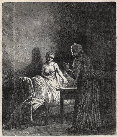 Marguerite belép Fantine szobájába, és Fantine megmutat neki két Napóleont (érmét), akik megmenthetik Cosette-et, a lányát – Illusztráció: Gustave Brion (1824-1877) a „Nyomorultak – Első rész: Fantine” című filmjéhez, Victor Hugo (1802-1885) 1862 alkotó: Gustave Brion