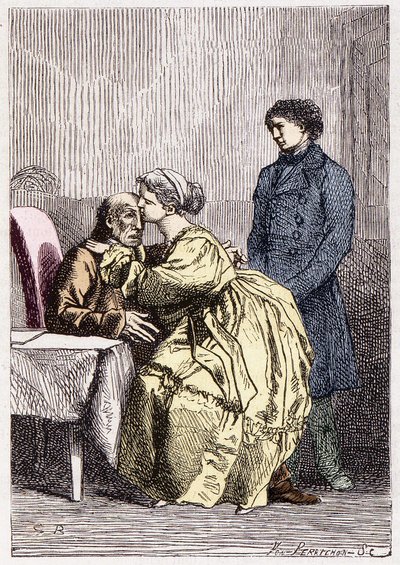 Marius és Cosette meglátogatja Jean Valjeant betegen – Victor Hugo „Les Misérables” című művében, beteg. írta: Brion, szerk. Hetzel és Lacroix alkotó: Gustave Brion