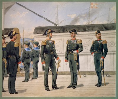 A dán haditengerészet tisztjei egyenruhában. Gustav Brock akvarellje alkotó: Gustave Brock