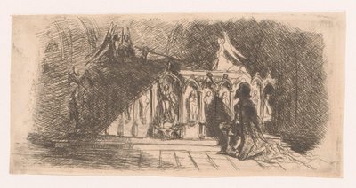 Az ember letérdel egy gótikus sír előtt alkotó: Gustave Buschmann
