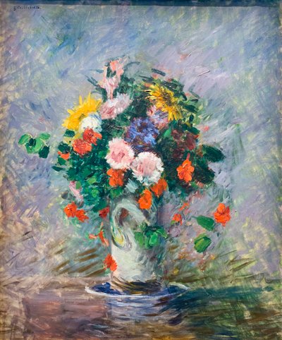Kínai őszirózsa, nasturcium és napraforgó csokor vázában, c. 1887 (olaj, vászon) alkotó: Gustave Caillebotte