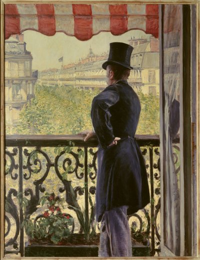 Férfi az erkélyen Elegáns, cilinderes férfi nyugszik az erkély korlátján a nagy párizsi körutakon. Gustave Caillebotte (1848-1894) festménye 1880 V. 0,86 x 1,14 m. Magángyűjtemény - A férfi az erkélyen. Okos ember cilinderben alkotó: Gustave Caillebotte