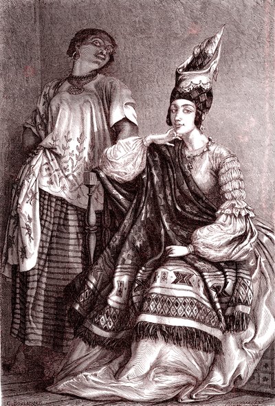 Signare, a mulatt-francia afrikai nők Saint Louis városában, Szenegálban. 1861 (metszet) alkotó: Gustave Clarence Rodolphe Boulanger
