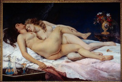 Alvás. Két meztelen nő ölelkezett egy ágyban alkotó: Gustave Courbet