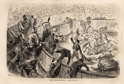 Gustave Dore (1832-1883) 1862-es spanyolországi utazását szemléltető bika, Valenciában egy bikaviadal során átlépte a sorompót. Metszet a „Le tour du monde”-ban, szerkesztette: Edouard Charton alkotó: Gustave Dore
